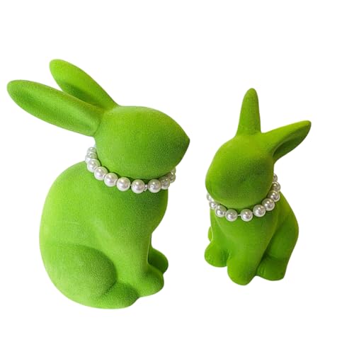 MACOSA WV559_x2 Osterhase mit Perlenkette 2er Set beflockt Grün Steingut Dekohase Hase Skulptur Oster-Deko Osterdekoration Figur Dekohase Dekofigur Tischdeko (Grün) von MACOSA HOME