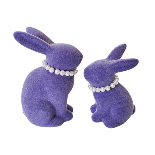 MACOSA WV559_x2 Osterhase mit Perlenkette 2er Set beflockt Lila Steingut Dekohase Hase Skulptur Oster-Deko Osterdekoration Figur Dekohase Dekofigur Tischdeko (Violett) von MACOSA HOME