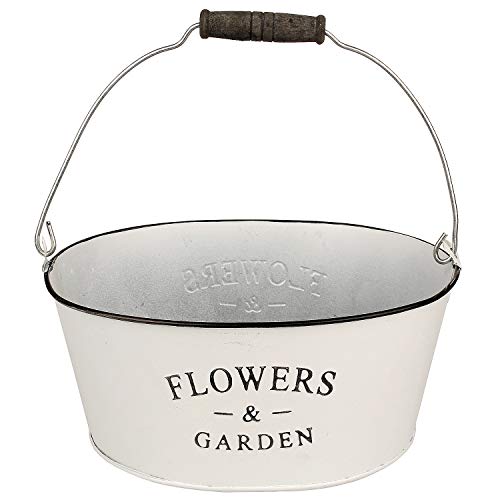 Macosa NO55775 Deko Pflanztopf Zink Vintage Weiß mit Aufdruck oval Zinkeimer Landhaus Garten-Dekoration Metall-Blumentopf Pflanzgefäß Dekotopf Gefäß von MACOSA HOME