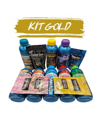 Kit GOLD OUTDOOR - Anbau 420-12 Pack organische Düngemittel in Flüssigkeit und Pulver - Kräftige Pflanzen - sehr reichlich und schmackhafte Ernten (8 x 1 l + 500 + 100 + 50 + 30 g) von MADAME GROW