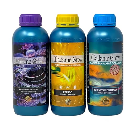 Madame Grow - Kit Dalia - Organische Düngemittel - Fördert das vegetative Wachstum, verstärkt die Blüte und bietet natürliche Abwehr - Caribbean Algae, Bazooka Bloom und Kaliumseife - je 3 x 1 Liter von MADAME GROW