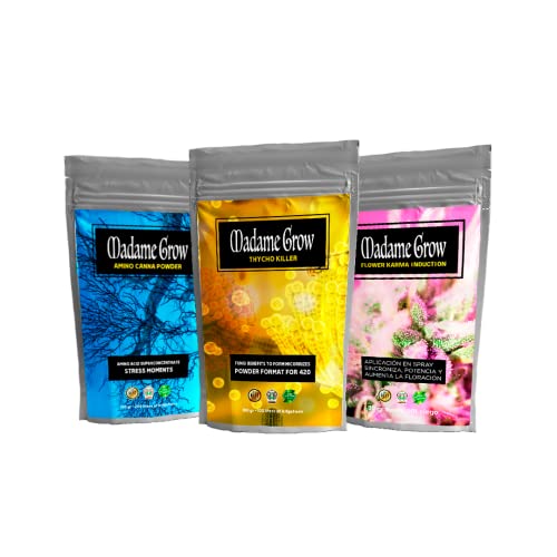 Mico Flower Pack - 3 wasserlösliche Düngemittel - Thrichodermas, Blüte und Aminosäuren für 420 Pflanzen - Blattpflanzen - Große Ernte (100 + 50 + 30 gr) von MADAME GROW