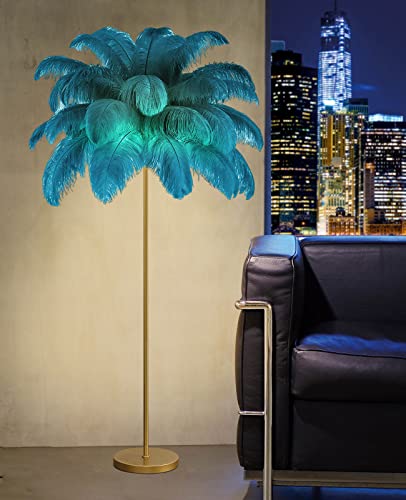 MADHEHAO Upgrade Straußenfeder-Stehlampe, Moderne Stehlampe in 3 Farben dimmbar mit Fußschalter, Fransenlampe, goldene Feder-Stehlampe, Lampenkörper aus 100% Kupfer, Stehlampe für Esszimmer (Blue) von MADHEHAO