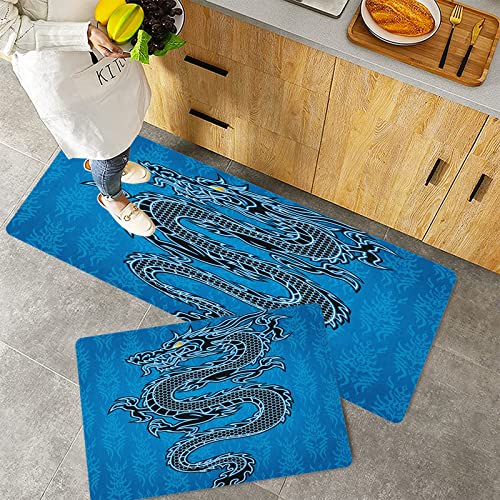 Küchenteppich Teppich Läufer Küchenläufer 2 Stück,Japanischer Drache Schwarzer Drache auf blauem Stammes- Hintergrund-Jahr des Drachen-Themen-Kuns,Rutschfest waschbar für Flur Küche 40x60 cm+40x120 cm von MADVEI