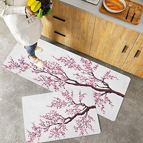 Küchenteppich Teppich Läufer Küchenläufer 2 Stück,Japanischer Zweig eines blühenden Sakura-Baums blüht Kirschblüten-Frühlings-Thema-Kunst-Rosa-Bra,Rutschfest waschbar für Flur Küche 40x60 cm+40x120 cm von MADVEI