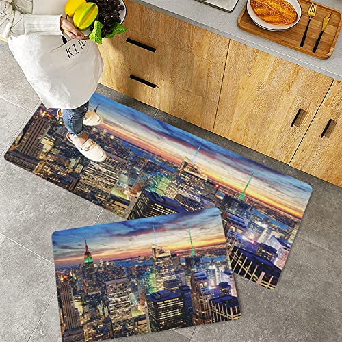 Küchenteppich Teppich Läufer Küchenläufer 2 Stück,New York Skyline von NYC Städtische Wolkenkratzer bei Sunset Dawn Streets USA Architecture, Oran,Rutschfest waschbar für Flur Küche 40x60 cm+40x120 cm von MADVEI