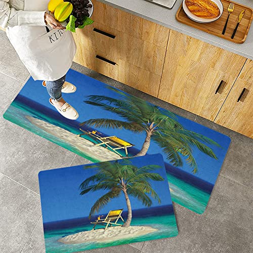 Küchenteppich Teppich Läufer Küchenläufer 2 Stück,Seaside Chair unter einer Palme auf einer kleinen unbewohnten tropischen Insel Clear Ocean Blue ,Rutschfest waschbar für Flur Küche 40x60 cm+40x120 cm von MADVEI