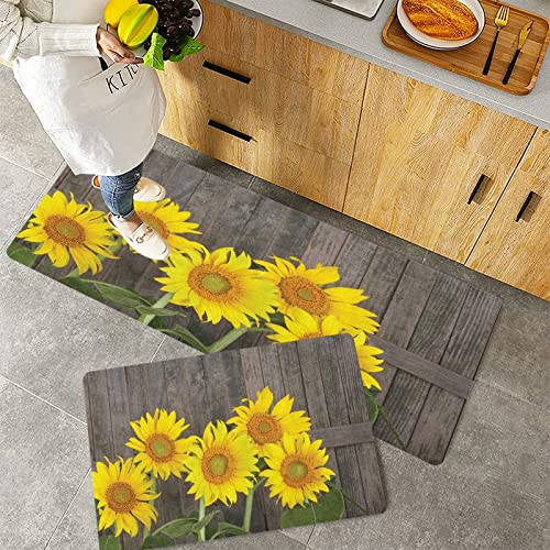 Küchenteppich Teppich Läufer Küchenläufer 2 Stück,Sonnenblume Helianthus-Sonnenblumen gegen verwittertes gealtertes Zaun-Sommer-Garten-Foto, braun,Rutschfest waschbar für Flur Küche 40x60 cm+40x120 cm von MADVEI