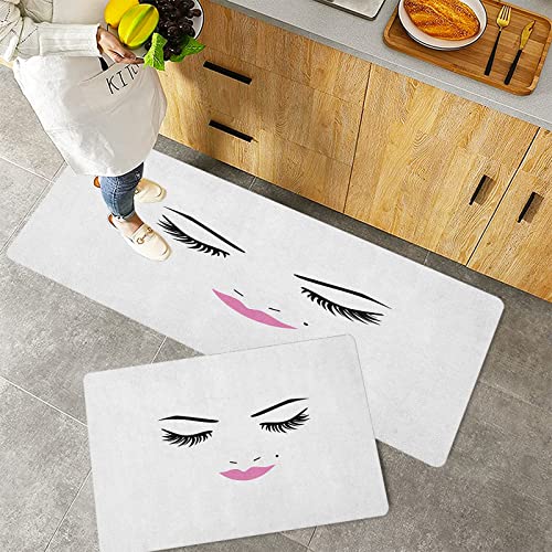 Küchenteppich Teppich Läufer Küchenläufer 2 Stück,Wimpern Geschlossene Augen Rosa Lippenstift Glamour Makeup Kosmetik Beauty Feminin Design Fuchsi,Rutschfest waschbar für Flur Küche 40x60 cm+40x120 cm von MADVEI