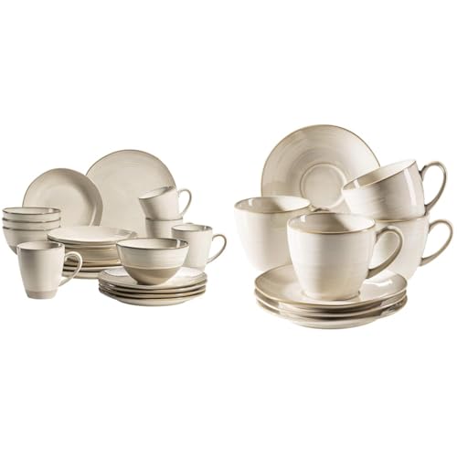 MÄSER 931512 Serie Nottingham Vintage Geschirr-Set & Serie Nottingham, Vintage Kaffeetassen Set für 4 Personen, Untertassen mit unregelmäßigen Rundungen im Retro Look, Steinzeug, Beige von MÄSER