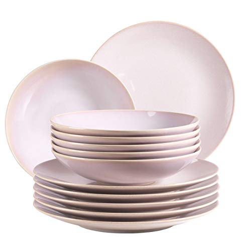 MÄSER 931553 Ossia, Teller-Set für 6 Personen im mediterranen Vintage-Look, 12-teiliges modernes Tafelservice mit Suppentellern und Speisetellern in Rosa, Keramik von MÄSER