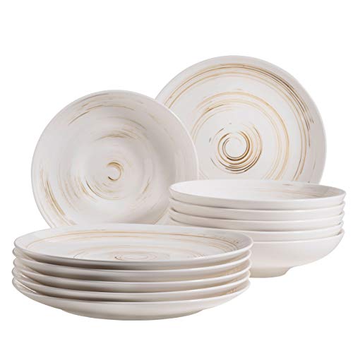 MÄSER 931605 Serie Derby Premium Tafelservice für 6 Personen in Gastronomie-Qualität, 12-teiliges modernes Teller Set mit Handpinseleffekt, Weiß, Durable Porzellan von MÄSER