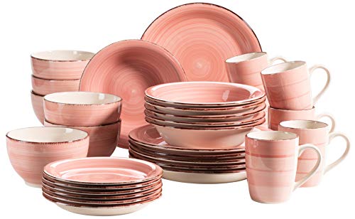 MÄSER 931615 Bel Tempo II 30-teiliges Vintage Geschirr Set für 6 Personen, handbemaltes Keramik Kombiservice in Rosa, Steingut von MÄSER