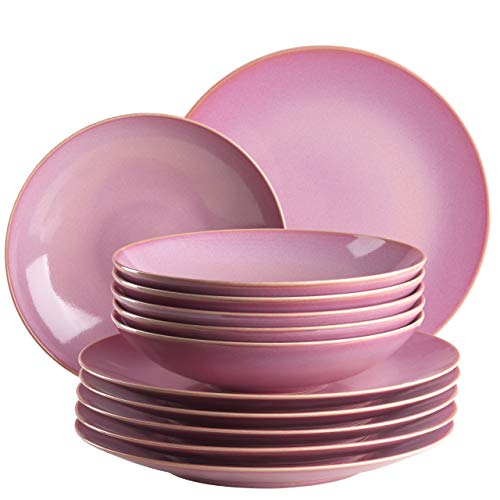 MÄSER 931732 Ossia, Teller-Set für 6 Personen im mediterranen Vintage-Look, 12-teiliges modernes Tafelservice mit Suppentellern und Speisetellern in Pink, Keramik von MÄSER