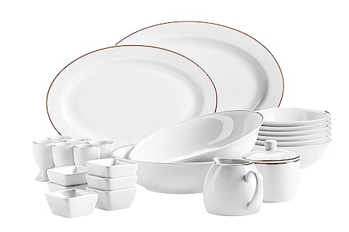 MÄSER 931735 Serie Professional Dining Zubehör Set aus Müslischalen, Eierbechern, Schüsseln, Zuckerdose, Milchkännchen, Dipschälchen und Servierplatten, 24-teilig, Weiß mit Goldrand, Porzellan von MÄSER