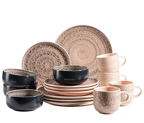 MÄSER 931743 Serie Spicy Market Handbemaltes Geschirr Set für 4 Personen in mediterranem Vintage Design, 16-teiliges Kombiservice aus Keramik, Rosa, Steingut von MÄSER