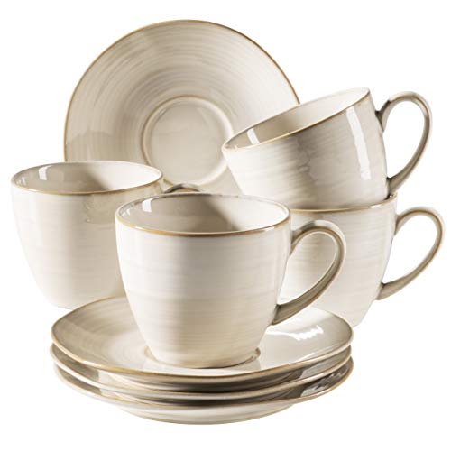 MÄSER Serie Nottingham, Vintage Kaffeetassen Set für 4 Personen, Untertassen mit unregelmäßigen Rundungen im Retro Look, Steinzeug, Beige von MÄSER