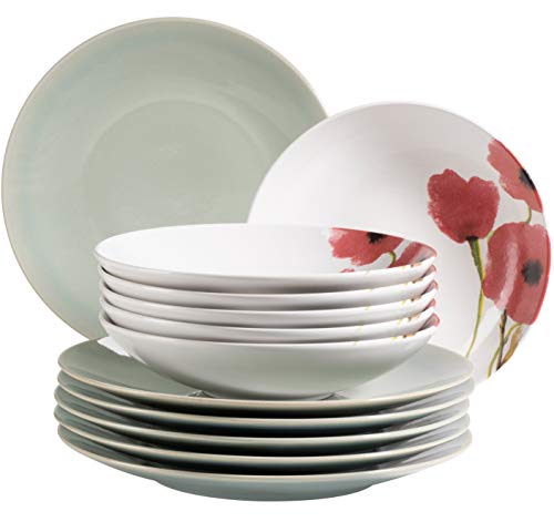 MÄSER 931928 Ossia Aguarela, Teller-Set für 6 Personen in teildekoriertem Vintage Look, 12-teiliges Tafelservice, 6x Speiseteller in hellem Türkis und 6x Suppenteller mit Dekor, Mohnblume, Steinzeug MÄSER 931928 Ossia Aguarela, Teller-Set für 6 Personen in teildekoriertem Vintage Look, 12-teiliges Tafelservice, 6x Speiseteller in hellem Türkis und 6x Suppenteller mit Dekor, Mohnblume, Steinzeug von MÄSER