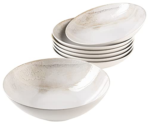 MÄSER 931948 Ossia Wooden Light, 7-teiliges Bowl Set aus Keramik, 1 Salat-Schüssel groß und 6 Schalen für Salat, Müsli, Suppe oder Pasta, Weiß dekoriert, Steinzeug von MÄSER