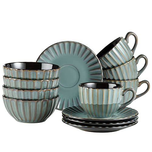 MÄSER 931966 Serie Confino Geschirr Set für 4 Personen im modernen Vintage Look, 12-teiliges Frühstücksgeschirr Service aus Keramik in Petrol mit schwarzen Akzenten, Steinzeug von MÄSER