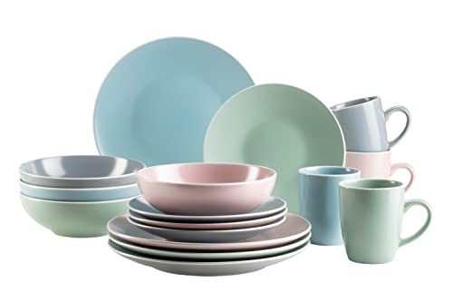 MÄSER 934006 Serie Elissa, Modernes Geschirr Set für 4 Personen in bunten Mattglasuren mit weißem Rand, 16-teiliges Kombiservice, Steinzeug, Bunt von MÄSER