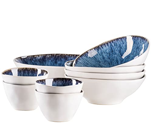 MÄSER Serie Frozen 9-teiliges Bowl Set aus schöner Keramik, 1 Salatschüssel, 4 Ramen Schalen und 4 Dip Schälchen, organische Formen im Vintage Look, händisch lasiert, Steinzeug, Blau, 26 von MÄSER