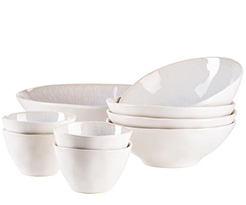 MÄSER Serie Frozen 9-teiliges Bowl Set aus schöner Keramik, 1 Salatschüssel, 4 Ramen Schalen und 4 Dip Schälchen, organische Formen im Vintage Look, händisch lasiert, Steinzeug, Weiß, 26 von MÄSER