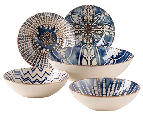 MÄSER 934018 Iberico Blue, 5-teiliges Bowl Set im maurischen Stil, 1 Salatschüssel groß und 4 Schalen für Salat, Müsli, Suppe oder Pasta, mit verschiedenen Vintage Mustern in Weiß und Blau, Steinzeug von MÄSER