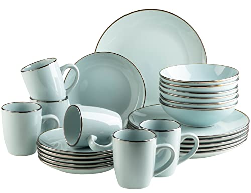 Modernes Geschirr Set für 6 Personen mit messingfarbenem Rand, 24-teiliges Kombiservice mit randlosen Coupe-Formen, Mint von MÄSER