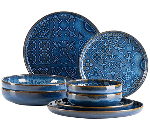 MÄSER 934063 Serie Tiles Modernes Vintage Geschirr Set für 2 Personen in maurischem Design, 8-teiliges Tafelservice mit Tellern und Schalen aus hochwertiger Keramik, Steinzeug, Blau von MÄSER