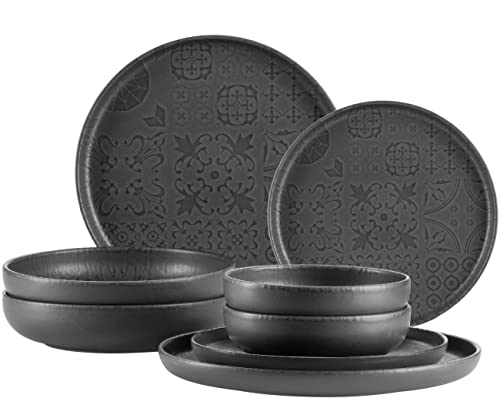 MÄSER 934064 Serie Tiles Modernes Vintage Geschirr Set für 2 Personen in maurischem Design mit Mattglasur, 8-teiliges Tafelservice mit Tellern und Schalen aus hochwertiger Keramik, Steinzeug, Schwarz von MÄSER