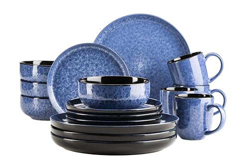 MÄSER 934109 Serie Filippa, Keramik Geschirrservice für 4 Personen, modernes 16-teiliges Kombi-Geschirr Set; Teller, Schüsseln und Becher mit Reaktivglasur in blau und schwarz, Steinzeug, blau. von MÄSER