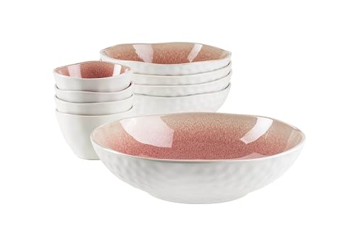 MÄSER 934114 Serie Frozen, 9-teiliges Bowl Set aus schöner Keramik, 1 Salatschüssel, 4 Ramen Schalen und 4 Dip Schälchen, organische Formen im Vintage Look, händisch lasiert, Steinzeug, Weiss von MÄSER