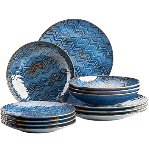 MÄSER 935072 Aquamarine, Aufregend lasiertes Teller Set für 4 Personen mit Speiseteller, Suppenteller und Dessertteller, 12-teiliges Tafelservice aus hochwertiger Keramik, Steinzeug, Blau von MÄSER