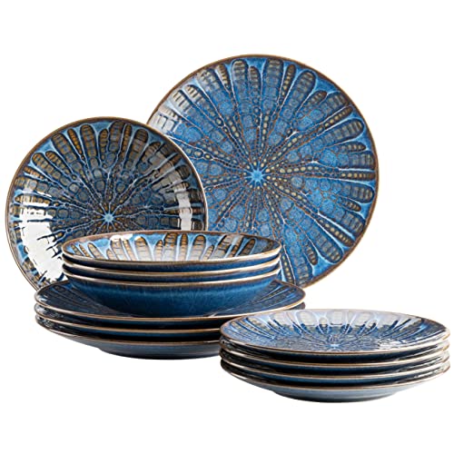 MÄSER 935074 Aquamarine, Aufregend lasiertes Teller Set für 4 Personen mit Speiseteller, Suppenteller und Dessertteller, 12-teiliges Tafelservice aus hochwertiger Keramik, Steinzeug, Blau von MÄSER