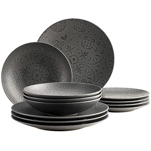 MÄSER 935076 Serie Tiles Vintage Tafelservice für 4 Personen im maurischen Stil mit moderner Mattglasur, 12-teiliges Keramikgeschirr Teller Set, Steinzeug, Schwarz von MÄSER