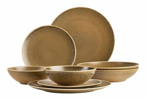 MÄSER 935273 Grumpy, Geschirrservice made in Portugal, hochwertiges 8-teiliges Kombi-Geschirr Set; Teller, Gourmetteller und Schüssel mit Reaktivglasur in edel schimmerndem Gold Braun, Porzellan von MÄSER