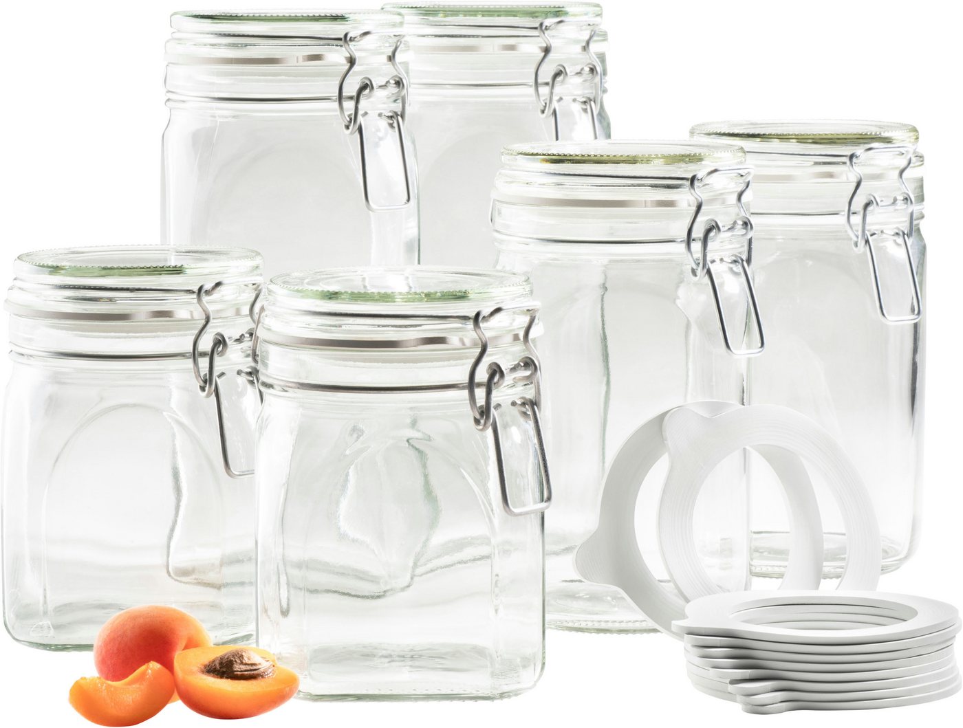 MÄSER Einmachglas Gothika, Einkochglas Set, Glas, (Set, 7-tlg., je 2 Gläser mit Füllmenge 75 cl, 1,05 l, 1,45 l + 1x Einkochring-Set), Glas mit Deckel von MÄSER
