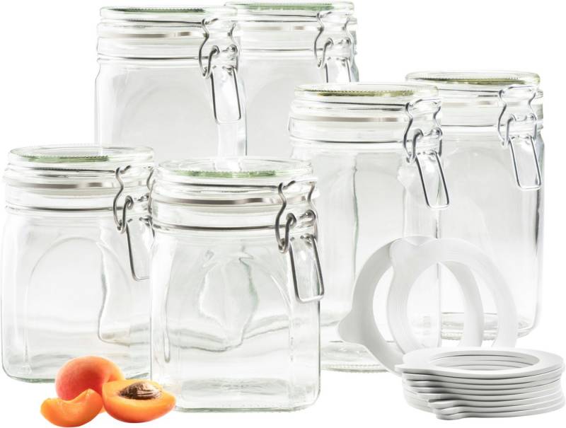 MÄSER Einmachglas Gothika, Einkochglas Set, Glas, (Set, 7-tlg., je 2 Gläser mit Füllmenge 75 cl, 1,05 l, 1,45 l + 1x Einkochring-Set), Glas mit Deckel von MÄSER