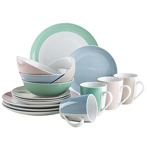 MÄSER Kitchen Time II, Geschirr-Set für 4 Personen, 16-tlg Kombiservice in Pastellfarben mit dezentem Muster, Porzellan, Blau/Beige/Rosa/Grün von MÄSER