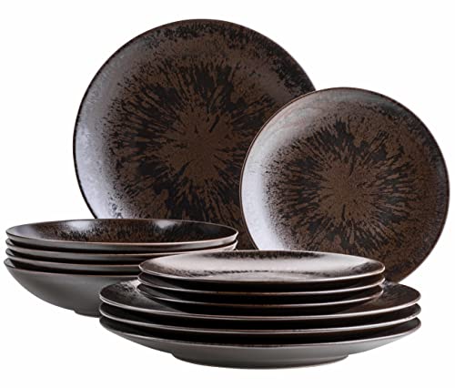 MÄSER Metallic Bronze, 12-teiliges Tafelservice für 4 Personen mit edel glänzender Glasur, Teller Set mit Speiseteller, Suppenteller und Dessertteller aus hochwertiger Keramik, Steinzeug, Braun von MÄSER