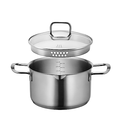 MÄSER Sanvito, Kochtopf 20cm mit Glasdeckel und praktischem Ausgießer, kleiner Edelstahl Topf mit Siebdeckel und Literskala, geeignet für Induktion, Edelstahl 18/10 von MÄSER