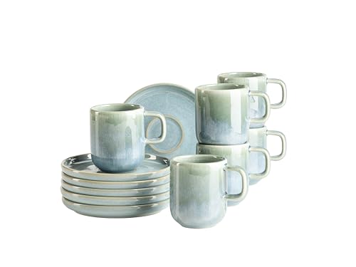 MÄSER Serie Cordelia, Espressotassen Set für 6 Personen aus hochwertigem Steinzeug, 12-teiliges Kaffeeservice bestehend aus 6 Espressotassen und 6 Espressountertassen; Steinzeug, Grün von MÄSER