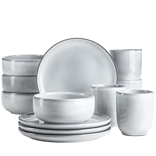 MÄSER Serie Livio, Frühstücksgeschirr Set für 4 Personen mit henkellosen Kaffeebechern, moderne nordische Formen, 12-teiliges Service, Steinzeug, Eisblau von MÄSER