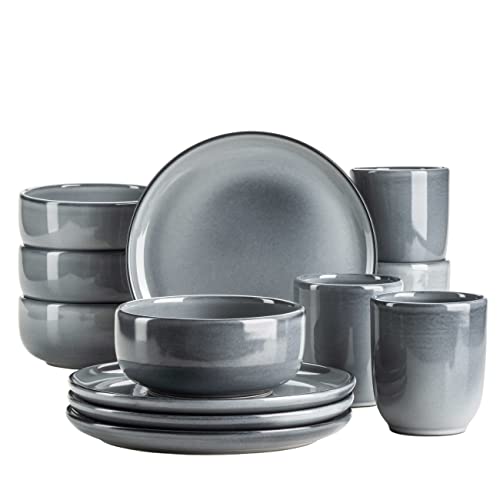 MÄSER Serie Livio, Frühstücksgeschirr Set für 4 Personen mit henkellosen Kaffeebechern, moderne nordische Formen, 12-teiliges Service, Steinzeug, Grau von MÄSER