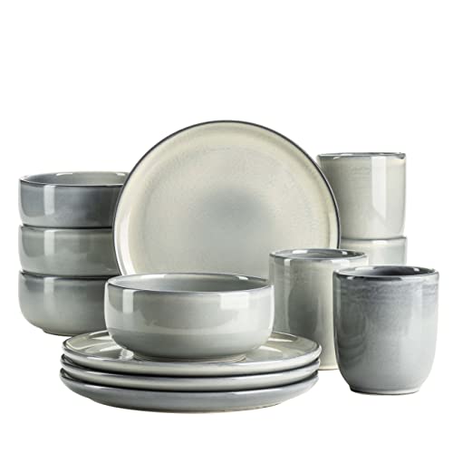 MÄSER Serie Livio, Frühstücksgeschirr Set für 4 Personen mit henkellosen Kaffeebechern, moderne nordische Formen, 12-teiliges Service, Steinzeug, Grün von MÄSER