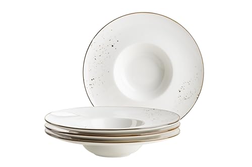 MÄSER Serie Pintar, hochwertiges Gourmetteller-Set, 4-teilig mit Ø 26 cm, breiter Tellerrand, mit heller Glasur, visuellen braunen Sprenkeln und feinem Rand im Vintage Look, Porzellan von MÄSER