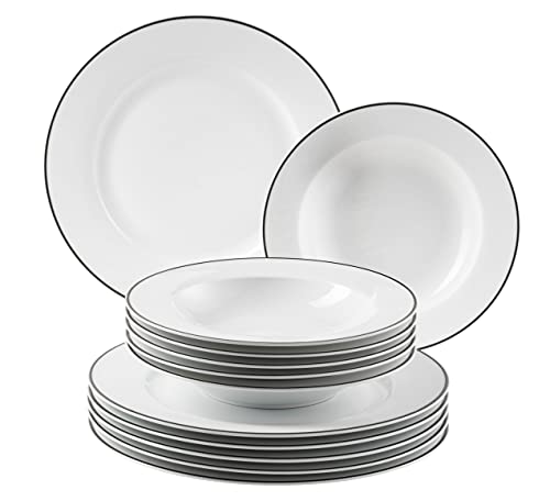 Mäser, Serie Nola, Tafelservice 6 Personen modern, Weiß mit Schwarzem Rand - 12-teiliges Teller Set mit Speiseteller & Suppenteller - Rundes Geschirrset, Essgeschirr, Tafelgeschirr; Weiß von MÄSER