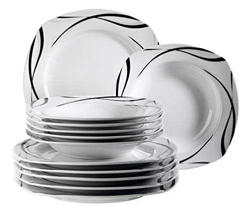 Mäser 920673 Serie Oslo, 12-teiliges Teller-Set für 6 Personen aus Porzellan, Tafelservice klassisch, zeitlos, elegant, schwarz-weiß von MÄSER
