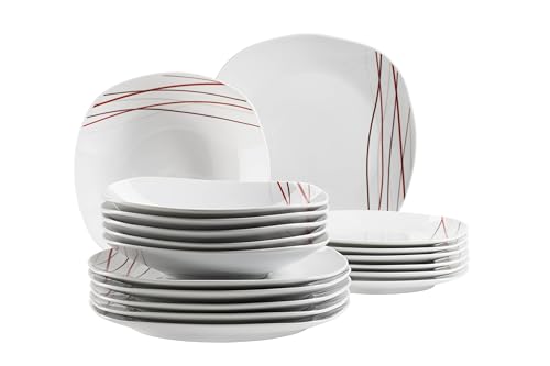 Mäser Sencilla, Tellerset für 4 Personen mit modernem Linien-Dekor, 18-tlg. Geschirr Set mit flachen Tellern, tiefen Tellern und Desserttellern, Porzellan, Weiß von MÄSER